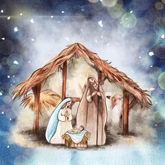 Christmas nativity scene of Joseph and Mary holding baby Jesus, hand drawn watercolor illustration