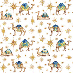 Three biblical Kings camels follow the star. Seamless background pattern. Watercolor illustration