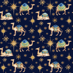 Three biblical Kings camels follow the star. Seamless background pattern. Watercolor illustration