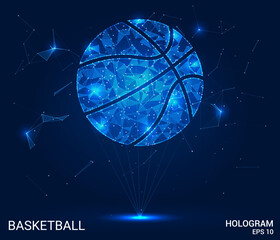 Hologram basketball. A basketball ball made of polygons, triangles of dots and lines. Basketball is a low-poly compound structure. Technology concept vector.