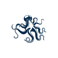 Obraz premium Octopus soft-bodied, eight-limbed mollusc isolated monochrome icon. Vector Octopoda marine animal with tentacles and suckers, fishing sport trophy mascot. Seafood emblem sign, aquatic character