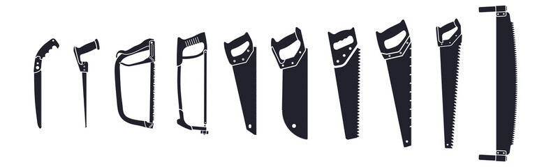 Vector set of hacksaw icons. Saw for garden, metal, wood and aerated concrete - obrazy, fototapety, plakaty