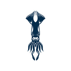 Marine armhooked squid with big eyes isolated underwater animal monochrome icon. Vector aquatic creature with tentacles and suckers, giant mollusk. Raw seafood, wildlife nautical aquatic squid