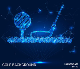 Hologram golf background. Golf background of polygons, triangles of dots and lines. The club and the golf ball are low-poly connection structure. Technology concept vector.
