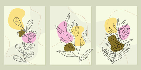 set of aesthetic wall decoration templates with hand drawn leaf elements. pastel background