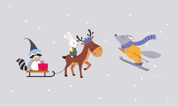 Set of cute winter forest animals. Raccoon and bunny riding in sleigh pulled by Christmas reindeer vector illustration