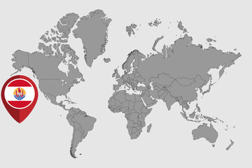 Pin map with French Polynesia flag on world map. Vector illustration.