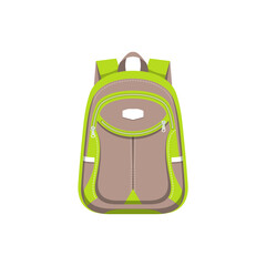Backpack bag, back pack sport rucksack or schoolbag with green and beige pockets, vector flat icon. Isolated backpack, travel luggage bag, hiking tourism and college student carryon bag