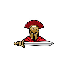 Soldier in helmet with mohawk, roman empire or greece warrior isolated man head portrait with sword. Vector legendary sparta hero, trojan fighter armored hoplite in red cloak. Mythology legionnaire - obrazy, fototapety, plakaty