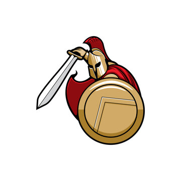 Legendary sparta soldier in red cloak, with shield and sword isolated roman or greek warrior emblem. Vector sparta gladiator in helmet with red feathers or plume, trojan fighter with weapon, swordsman