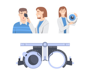 Eyesight diagnostics. Patient visiting ophthalmologist. Optometrist checking up eyesight with eye test machine cartoon vector illustration