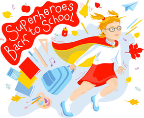 Superhero girl back to school with school tools around