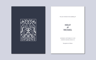 Vector wedding invitation design with pattern in dark and blue colors