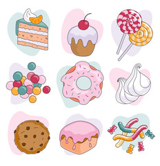 dragee; pie; meringue cookies; meringue; marmalade; gummy worms; bear; gum; jelly; gelatin; caking; sweetie; calorie; cake vector; doughnut; candyshop; cherry; lollipop; collection; yummy; meal; sweet