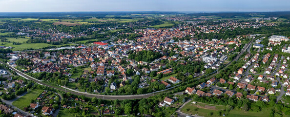  Aerial view of the old town Neustadt an der Aisch in Germany on a sunny afternoon in spring