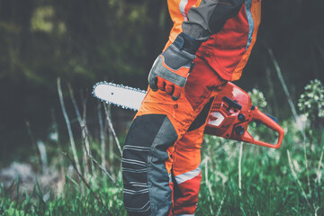 Close up view of an hand holding a chainsaw. Lumberjack at work wears orange personal protective equipment. Gardener working outdoor in the forest. Security, professionalism, occupation worker concept - obrazy, fototapety, plakaty