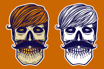 skull head with hair and mustache vector illustration