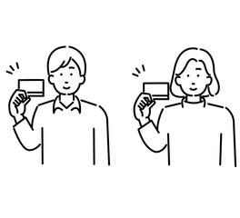 クレジットカードを手に持つ男女のイラスト素材セット　線画のみ