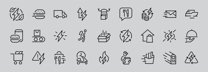 PIZZA DELIVERY, and Food Icon Set Vector thin line, contains courier, home delivery, food ordering, fast transport, drone, ship, car, editable stroke. ICONS circuits