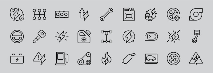 AUTO PARTS Set of Icons related vector line icons. Contains icons such as parts, oil, diagnostics, turbine, steering wheel, key, chassis, gearbox and much more. Editable stroke