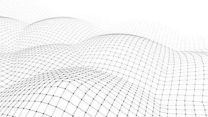 Abstract futuristic white wave with moving dots and lines. Flow of particles. Vector cyber technology illustration.