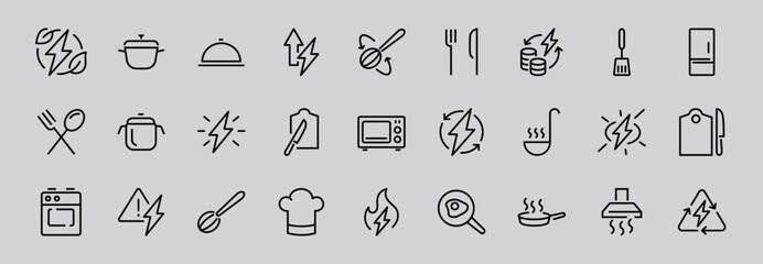 Set of cooking and kitchen icons, Vector lines, contains icons such as frying pan, frying, microwave, fork with spoon, Editable stroke, perfect 480x480 pixels, white background.