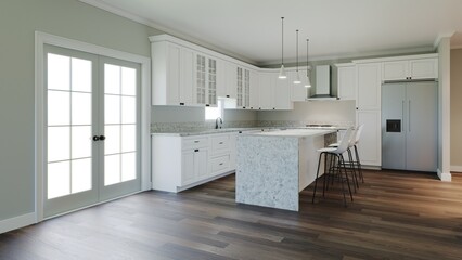3d rendering of an interior with a white kitchen. 