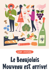 Beaujolais Nouveau Wine Festival. Vector illustration, a set of design elements for a wine festival. The inscription means Beaujolais Nouveau has arrived! - 524231995