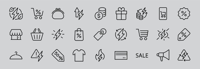 Black Friday Icon Set contains icons of Promotions, Discounts Shopping, Shopping Cart. Editable stroke. Vector Symbols, Linear
