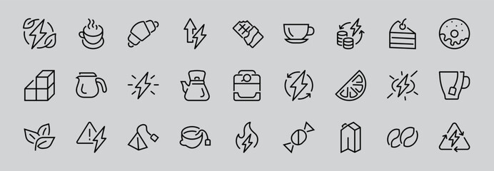 COFFEE and TEA LINEAR ICONS SET, contains Icons of tea, tea bag, Coffee machine, cake, sugar, teapot, cup, milk, cream, Lemon, chocolate bar, LINEAR ICONS Editable stroke