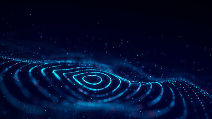 Futuristic wave. Dark cyberspace. Abstract sound wave with dots. White moving particles on a blue background. 3d rendering.