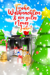 Vertical background with the text Merry Christmas and Happy New Year in German on the topic of banking and savings. Festive cover with safe box, Christmas trees and snow.