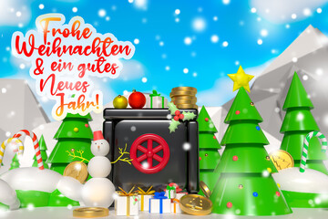 Background with the text Merry Christmas and Happy New Year in German on the topic of banking and savings. Festive template with safe box, Christmas trees and snow.