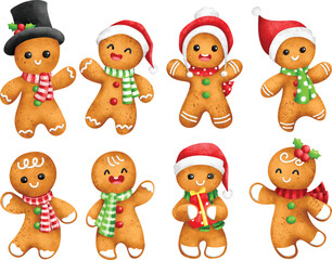 Obraz na płótnie Canvas Watercolor Illustration set of Cute Christmas gingerbread character