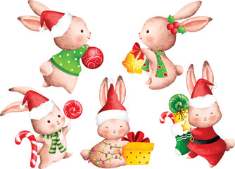 Watercolor Illustration set of Cute Christmas rabbit character 