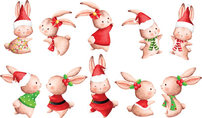 Watercolor Illustration set of Cute Christmas rabbit character 
