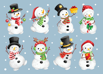 Watercolor Illustration set of Cute snowman character with Christmas ornaments 