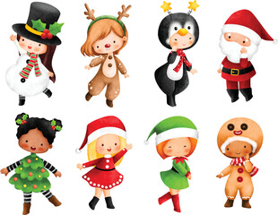 Watercolor Illustration set of Kids wearing Cute Christmas costume 
