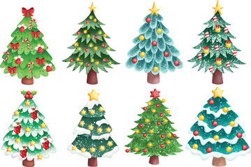 Watercolor Illustration set of Christmas tree with ornaments