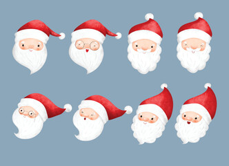 Watercolor Illustration set of Cute Santa Claus face