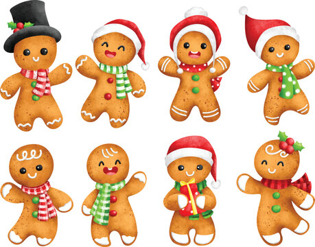 Watercolor Illustration set of Cute Christmas gingerbread character Stock  Vector | Adobe Stock