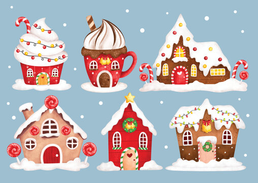 Watercolor Illustration set of Cute Christmas gingerbread house
