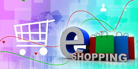 3d rendering e-shopping concept, shopping bag with online shopping