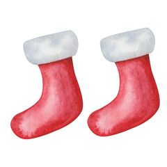 Watercolor illustration of hand painted winter clothes, red and white socks, boots, stockings as of Santa Claus for gifts, presents. Isolated clip art for New Year prints, Christmas postcards, poster