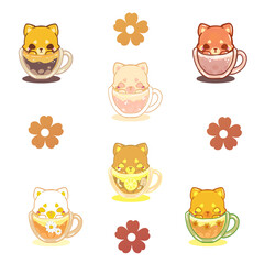 Kawaii animals design set tea drinks and flowers
