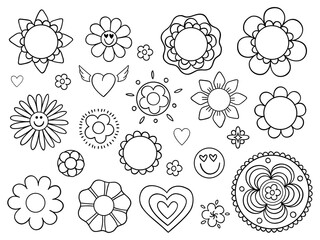 Illustration set of flowers in retro style. Different types of petals. Black outline on white background. Isolated objects. Cute doodle style.
