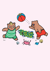 BEAR TEDDY BEACH BALL CRAB SEA SIDE SWIM CHARACTERS GRAPHIC VECTOR
