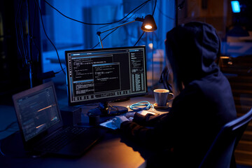 cybercrime, hacking and technology concept - female hacker in dark room writing code or using...