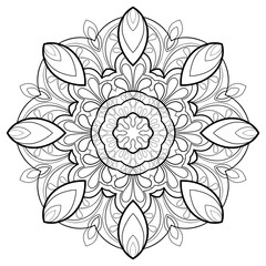 Decorative mandala with floral elements and soft patterns on a white isolated background. For coloring book pages.