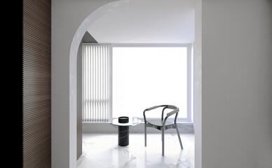 A stylish chair sits by a large window, natural light, white marble floor. 3D illustration